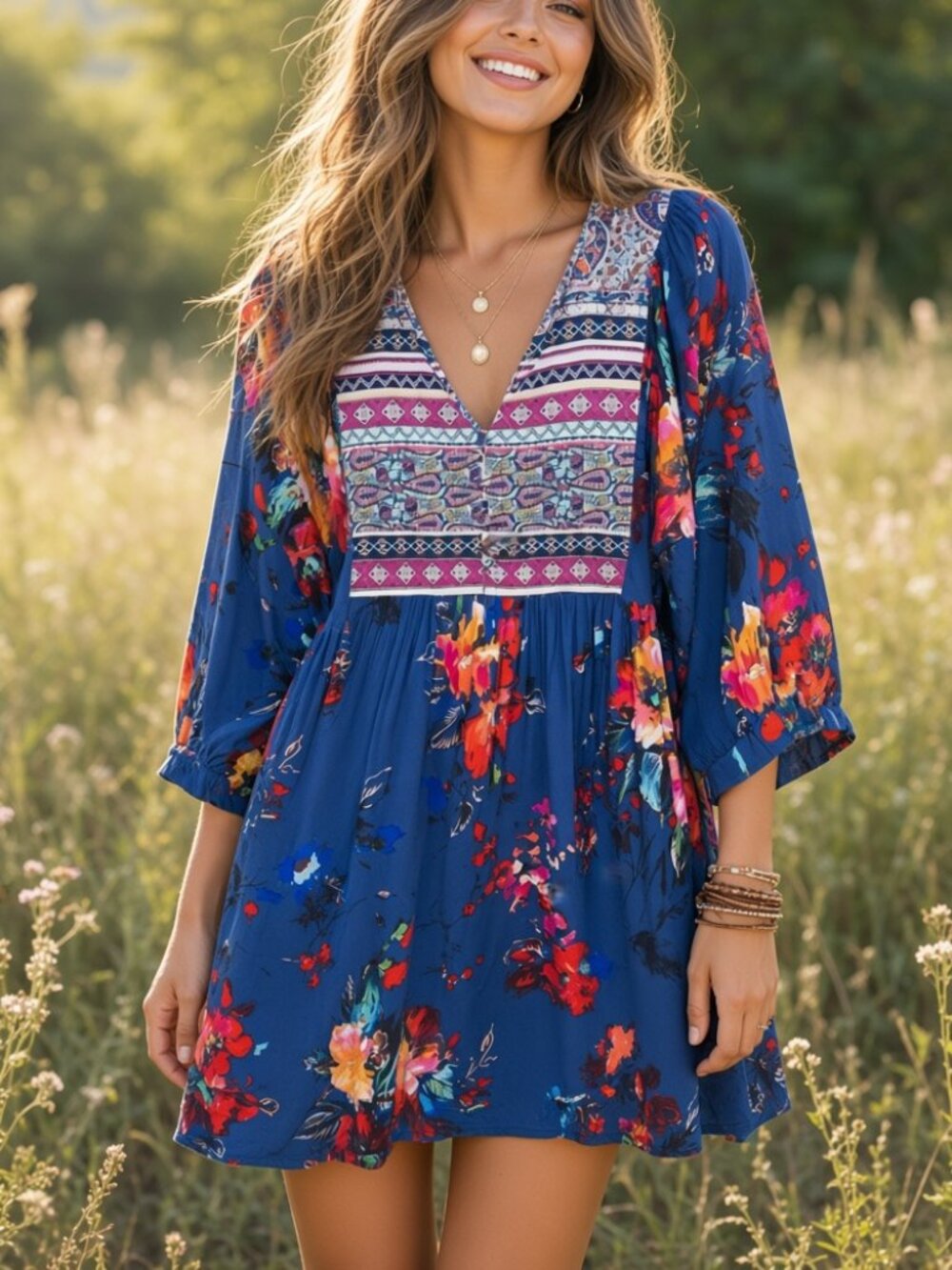 Altar'd State M Blue Boho Floral Rio Mini Dress Peasant Sleeve Country Farm Chic